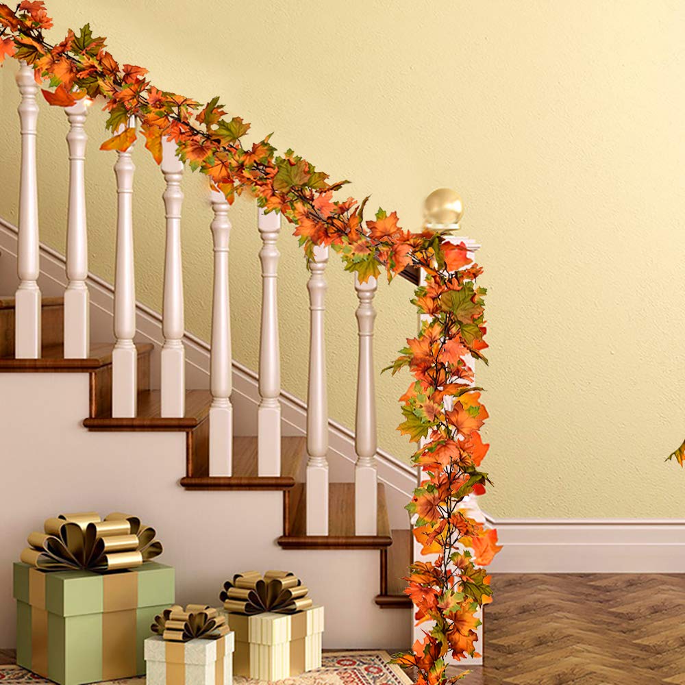 2 Pack Fall Garland Maple Leaf, 6.5Ft/Piece Hanging Vine Garlands Artificial Autumn Foliage Garland Thanksgiving Decor for Home Wedding Fireplace Party