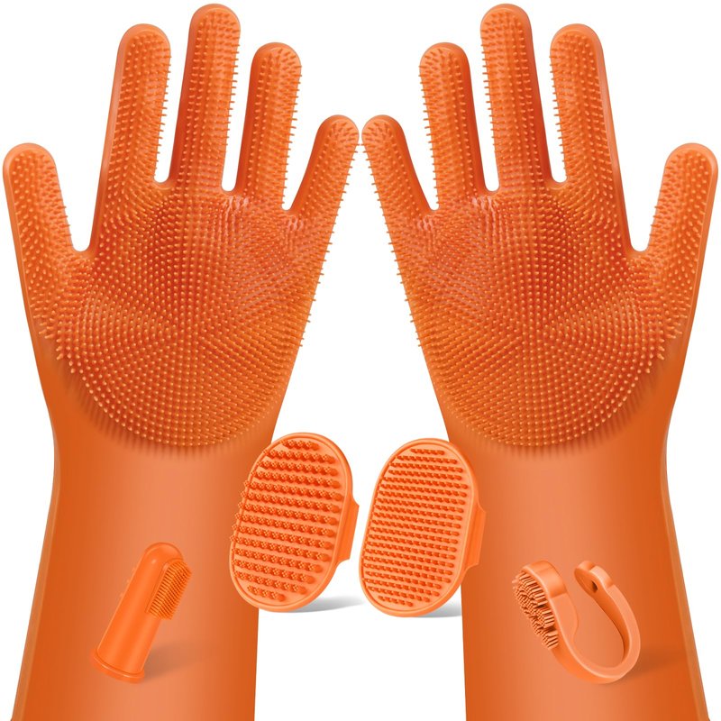 Augwind 6PCS Pet Grooming Kit for Dogs, Cats and Horses | Dog Washing Gloves | Cleanroom Gloves | Dog Bath Brush | Dog Bath Gloves | Dog Shampoo Brush | Dog Bath Supplies (Orange)