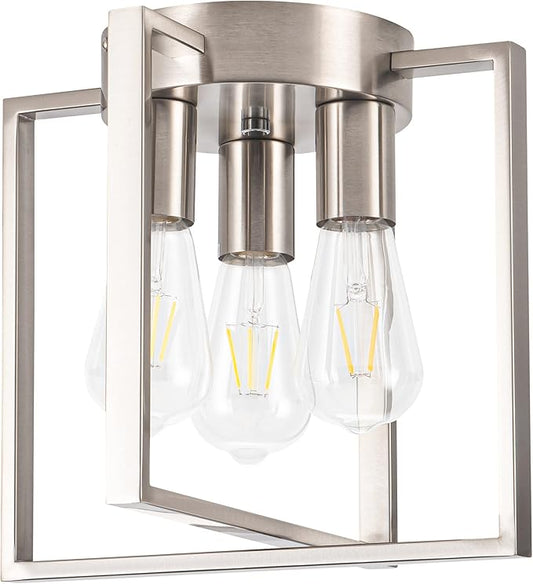 3-Light Flush Mount Light Fixture,Brushed Nickel Metal Frame Ceiling Light Fixture with Contemporary Geometric Metal Cage,for Living Room Kitchen Dining Room Bedrooms Foyer Hallways,