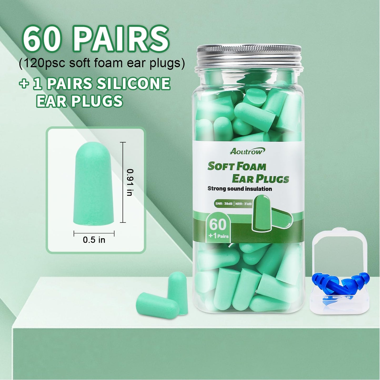Aoutrow 60 Pairs Soft Foam Ear Plugs, 38dB SNR Slow Rebound Ear Plugs for Sleeping Noise Cancelling, Noise Reduction, Work, Swimming, Shooting, Studying, Green