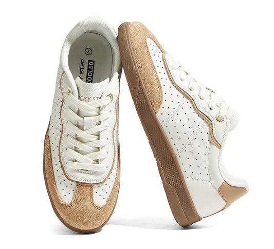 LUCKY STEP Women's Retro Cour Fashion Sneakers Casual Low Top Cow Suede Walking Shoes Anti-Slip Gum Rubber Sole Tennis Skate Footwear(White/Brown,7)