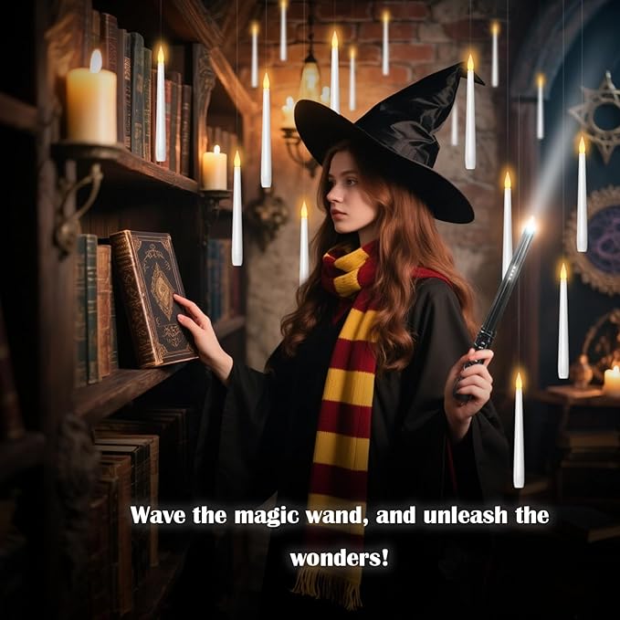 Flameless Floating Candles with Wand，30 Pcs Magic LED Hanging Taper Candles，Flickering Battery Operated Taper Candle with Wand Remote for Halloween Decorations Best Gift（White）