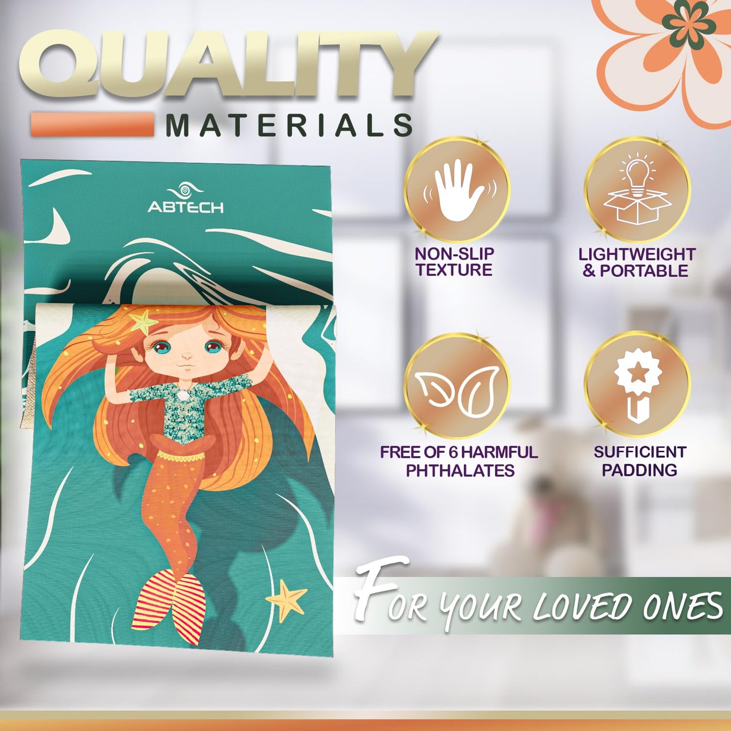 Abtech Yoga Mat for Kids - Mermaid Design for Girls - Comfortable, Chemical Free, Non-Toxic, Non-Slip Mat - 60 x 24 x 0.2 In. w/ 12 Yoga Cards for Kids - Cute Carrier Bag - Blue, Age 3-12