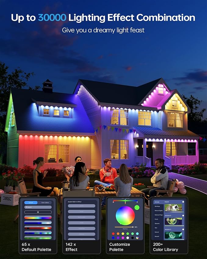 ASAHOM AI Permanent Outdoor Lights S107F, 400FT with 288 RGBCW LED Lights and Dual Output, 30,000 Lighting Effect Combination, IP67 Waterproof for House Christmas New Year and Daily Decoration, Black