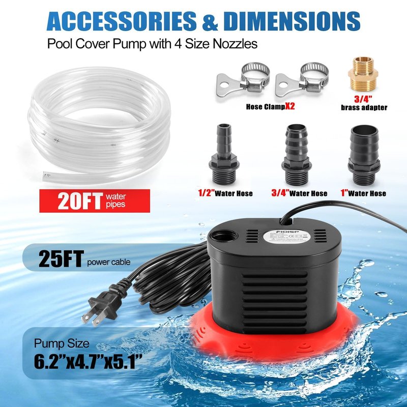 FIDISP Pool Cover Pump, 850 GPH Water Pump for Pool Draining With 4 Hose Adapters, 20 FT Drain Hose, 25 FT Power Cord, Pool Cover Pumps Above Ground for Drainage of Pool Covers, Ponds and Tubs(Red)