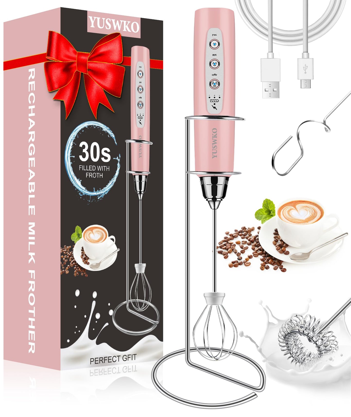 YUSWKO Black Handheld Milk Frother Wand for Coffee, Rechargeable Electric Whisk with 3 Heads 3 Speeds Drink Mixer Coffee Frother For Latte, Cappuccino, Hot Chocolate, Egg