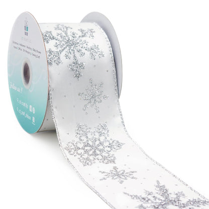 CT CRAFT LLC White Satin with Silver Snowflake Wired Ribbon 2.5 Inch x 10 Yards for Christmas Home Decor Tree Topper Bow Gift Wrapping DIY Crafts Wreath Garland
