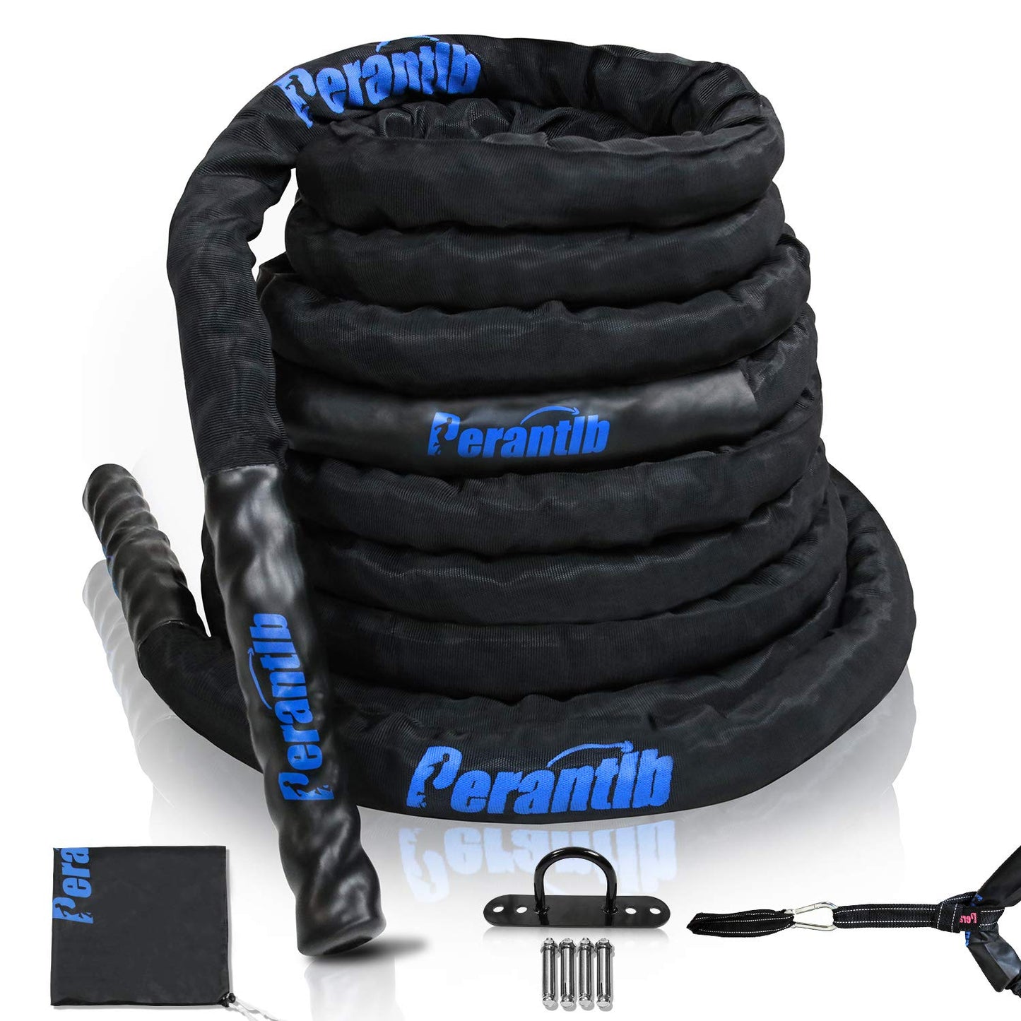 Perantlb Battle rope with wear-resistant nylon protective sleeve ，Heavy Battle Rope for Strength Training Home Fitness Exercise Rope， Anchor Strap Kit Included (2" x 40 ft Length)