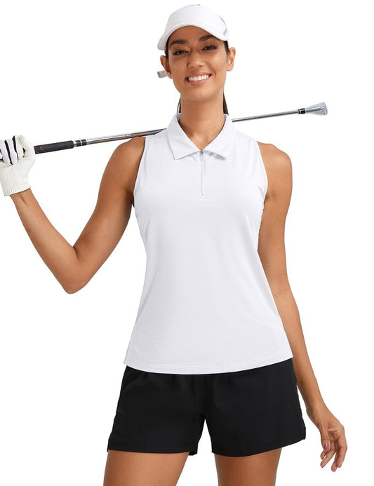 MathCat Womens Golf Polo Shirts, Sleeveless 1/4 Zip UPF 50+ Tennis Tank Top, Racerback with Collar Athletic Shirt Quick Dry White