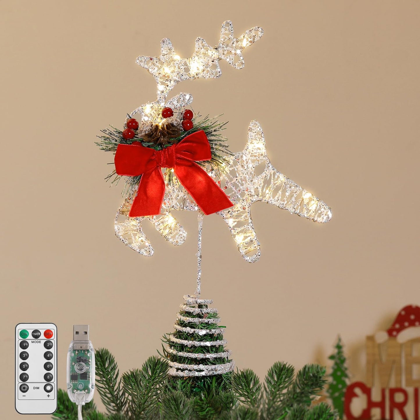 Lewondr Christmas Tree Topper, 11'' Metal Reindeer Christmas Star Tree Topper with Pine Leaves and Bow,30 LED Bulbs,6H Timer, 8 Light Modes, USB & Remote Control Deer Treetop for Home Xmas Decor,White