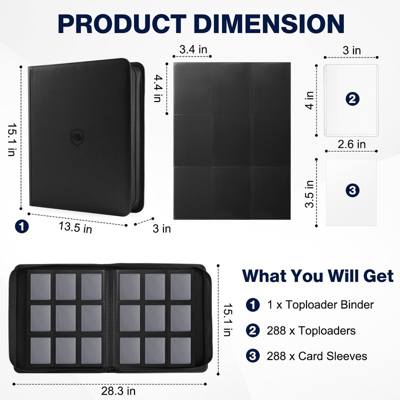 Top Loader Binder, Holds 288 Toploaders, 288 Toploader and 288 Card Sleeves INCLUDED, 9-Pocket Top Loader Binder for 3" x 4" Rigid Toploaders, Double-Sided Card Binder for TCG, Sport Cards