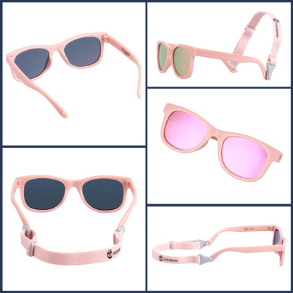 COCOSAND Baby Sunglasses with Strap Polarized Flexible Frame for Toddler Infant Newborn Girls Boys Age 0-24 Months, Bright Pink with Pink Lens