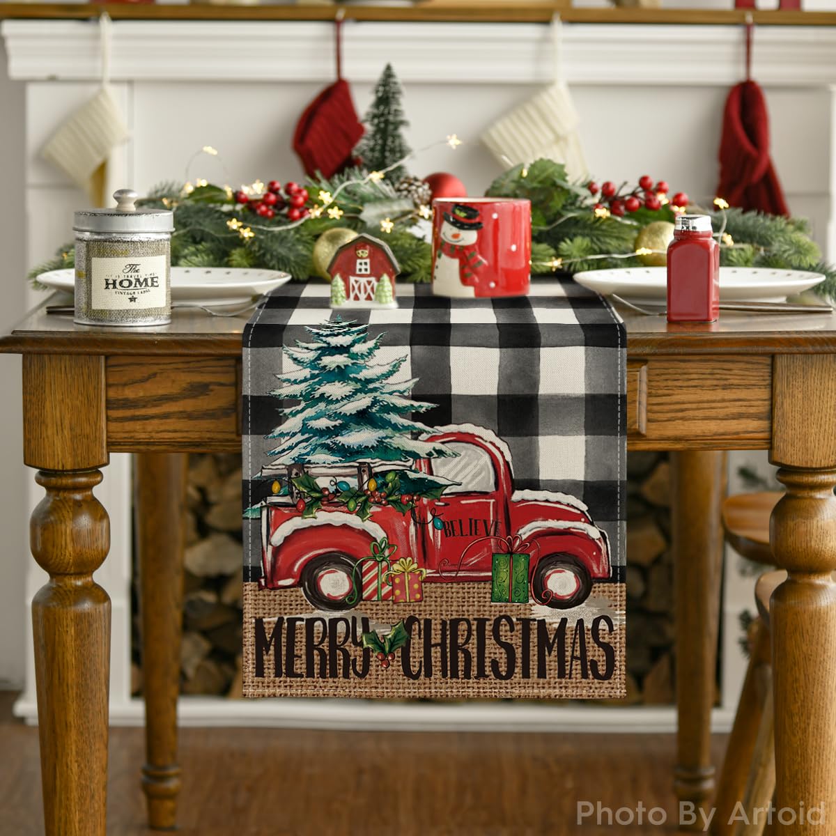 Artoid Mode Buffalo Plaid Merry Christmas Tree Table Runner, Seasonal Truck Gifts Kitchen Dining Table Decoration for Outdoor Home Party 13x72 Inch