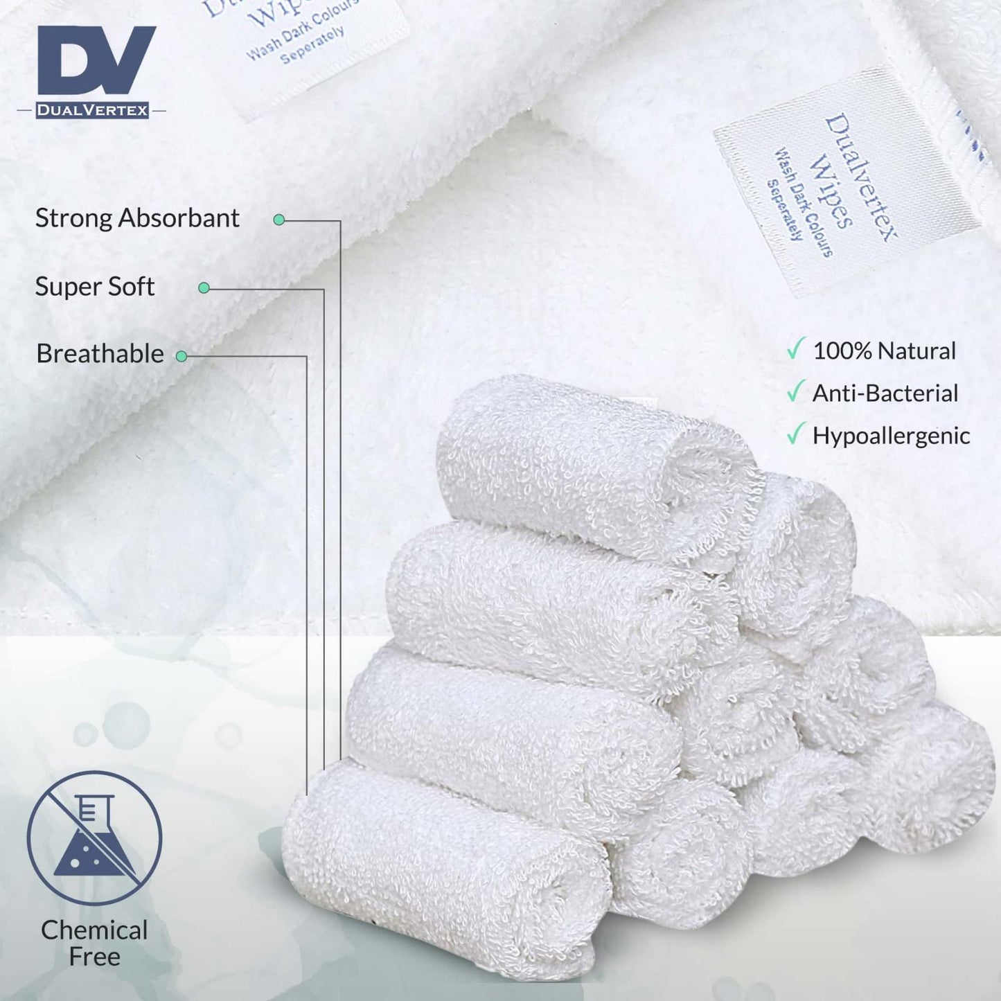 DualVertex 30 Bamboo Reusable Baby Wipes - Face Cloth - Makeup Remover Cloth from Natural Thread for Face & Hand with 2in1 Laundry Bag/Carrying Bag