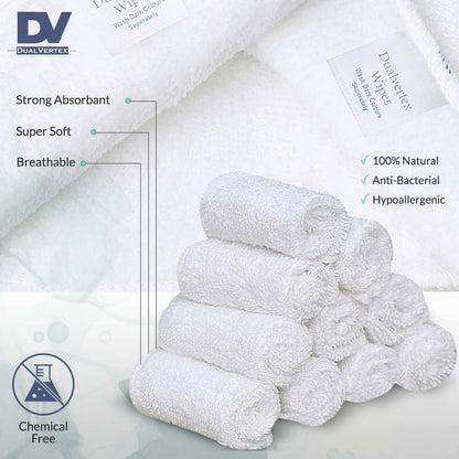DualVertex 30 Bamboo Reusable Baby Wipes - Face Cloth - Makeup Remover Cloth from Natural Thread for Face & Hand with 2in1 Laundry Bag/Carrying Bag
