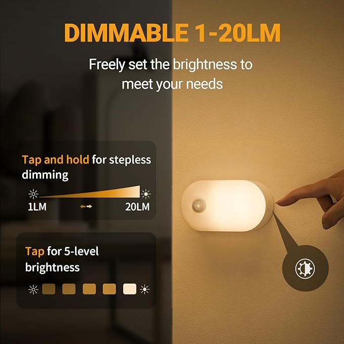 Lyridz Rechargeable Battery Night Light with Motion Sensor, Portable Mini Warm White LED Stick-on Closet Light, Adjustable Brightness for Bathroom, Bedroom, Kitchen, Cabinet, Stairs, Hallway, 2-Pack