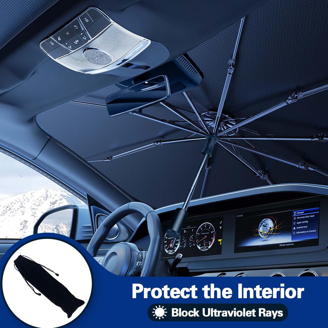 2025 Windshield Sun Shade Umbrella, Foldable Car Umbrella Sunshade with UV Block Car Front Window (Heat Insulation Protection) for Auto Windshield Covers Trucks Cars (Large)