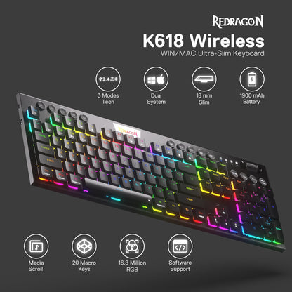 Redragon K618 PRO 3-Mode Wireless RGB Mechanical Keyboard, BT/2.4Ghz/Wired Low Profile Win/Mac Gaming Keyboard w/Ultra-Thin Design, Dedicated Media Control & Linear Red Switch