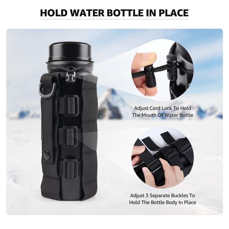 ZXXSFM Molle Water Bottle Holder for Backpack,Drawstring Adjustable Straps Molle Pouches for 20 32 36 48 Oz Water Bottle(Black)