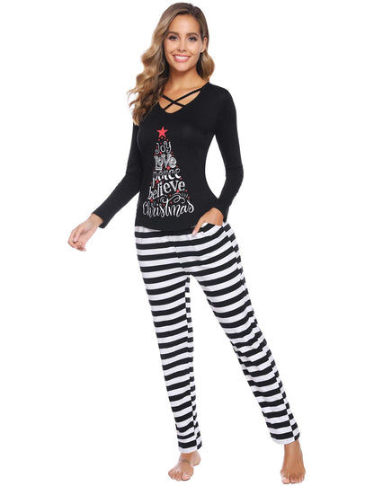 iClosam Matching Family Pajamas Set Striped Christmas Pajamas Sleepwear Dad Mom PJs Black