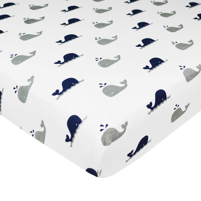 American Baby Company 100% Natural Cotton Fitted Pack and Play Sheet 39" x 27" - Soft & Breathable Pack N Play Sheet for Playpen, Playard & Mini Crib Mattress, Navy Whale, for Boys & Girls
