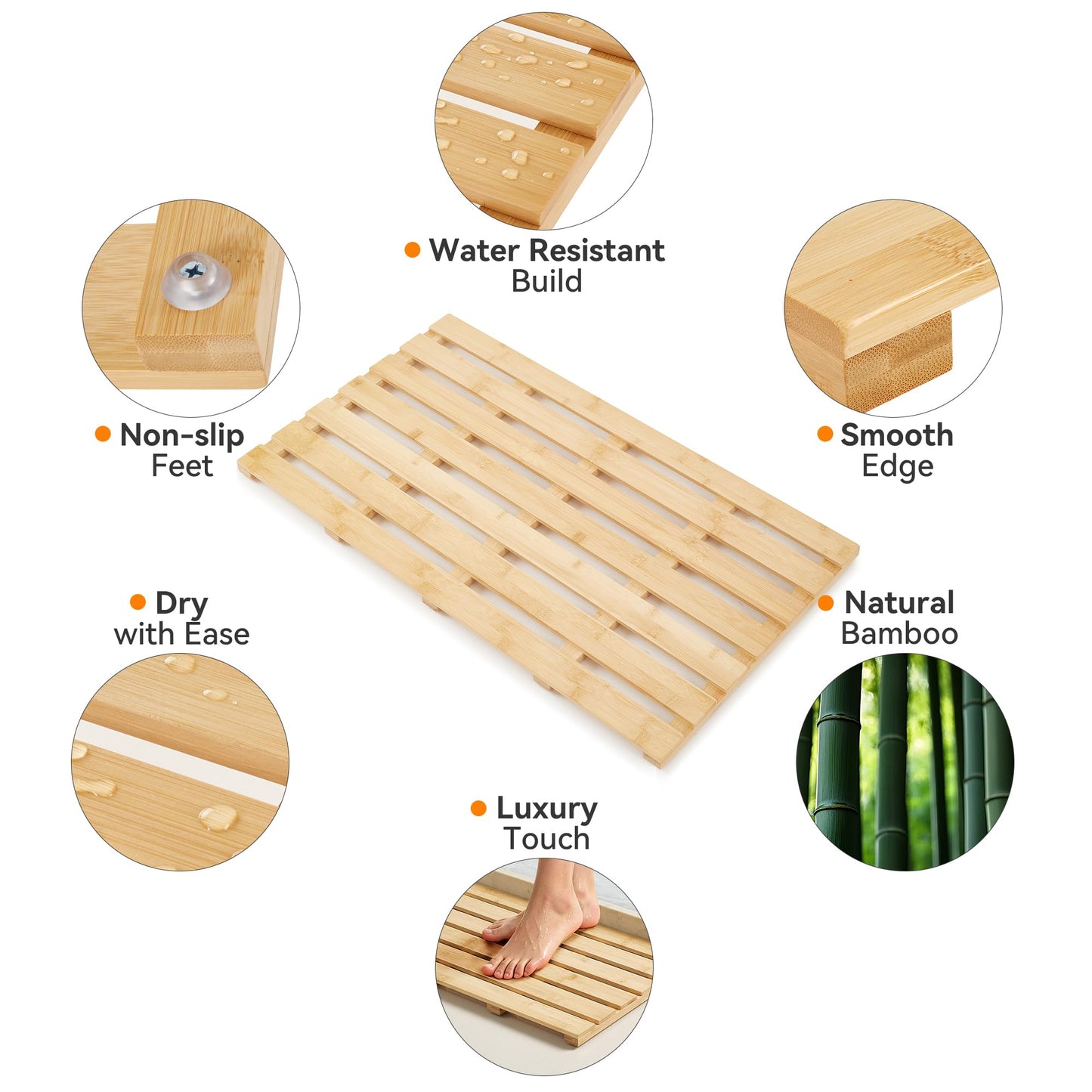 Yampos Bamboo Bath Mat, Non-Slip Waterproof Shower Mat with Rubber Feet Luxury Spa-Grade Wooden Floor Mat for Bathroom, Bathtub, Sauna, Indoor & Outdoor Use