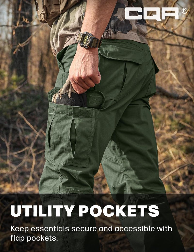 CQR Men's Tactical Pants, Water Resistant Ripstop Cargo Pants, Lightweight EDC Work Hiking Pants, Outdoor Apparel, Raider Green Kelp, 44W x 32L