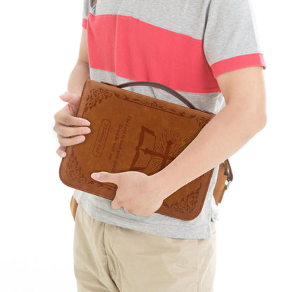 GraduatePro Bible Case Large Leather with Zip Handle for Men Women Book Bag Church Study Durable Christian Brown-Cross