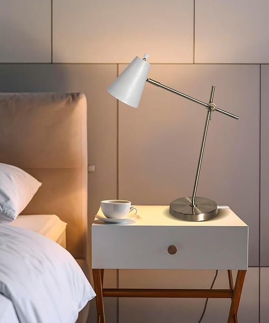 HarvestLand HaloBar Brass Desk Lamp Home Office – White Industrial Table Lamp with Solid Base for Office, Reading Lamps for Bedside Table, Study and Reading Task Lamp