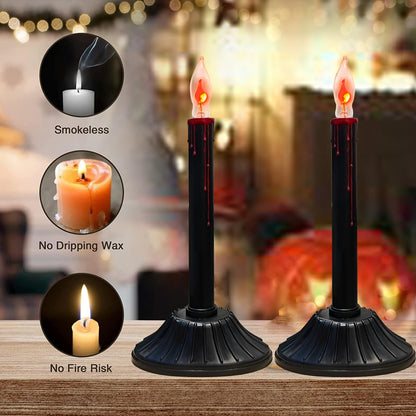 2 Pack Halloween Electric Window Candles, Black Halloween Decorations Candle Lights with 4 C18 Flicker Flame Bulbs, Plug in Electric Candles Flickering for Window Table Home Centerpiece Holiday