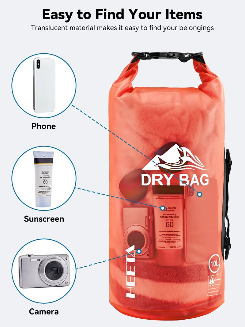 HEETA Dry Bag Waterproof for Women Men, Roll Top Lightweight Dry Storage Bag Backpack with Phone Case for Travel Swimming Boating Kayaking Paddle Board Camping Beach Accessories (Orange, 30L)