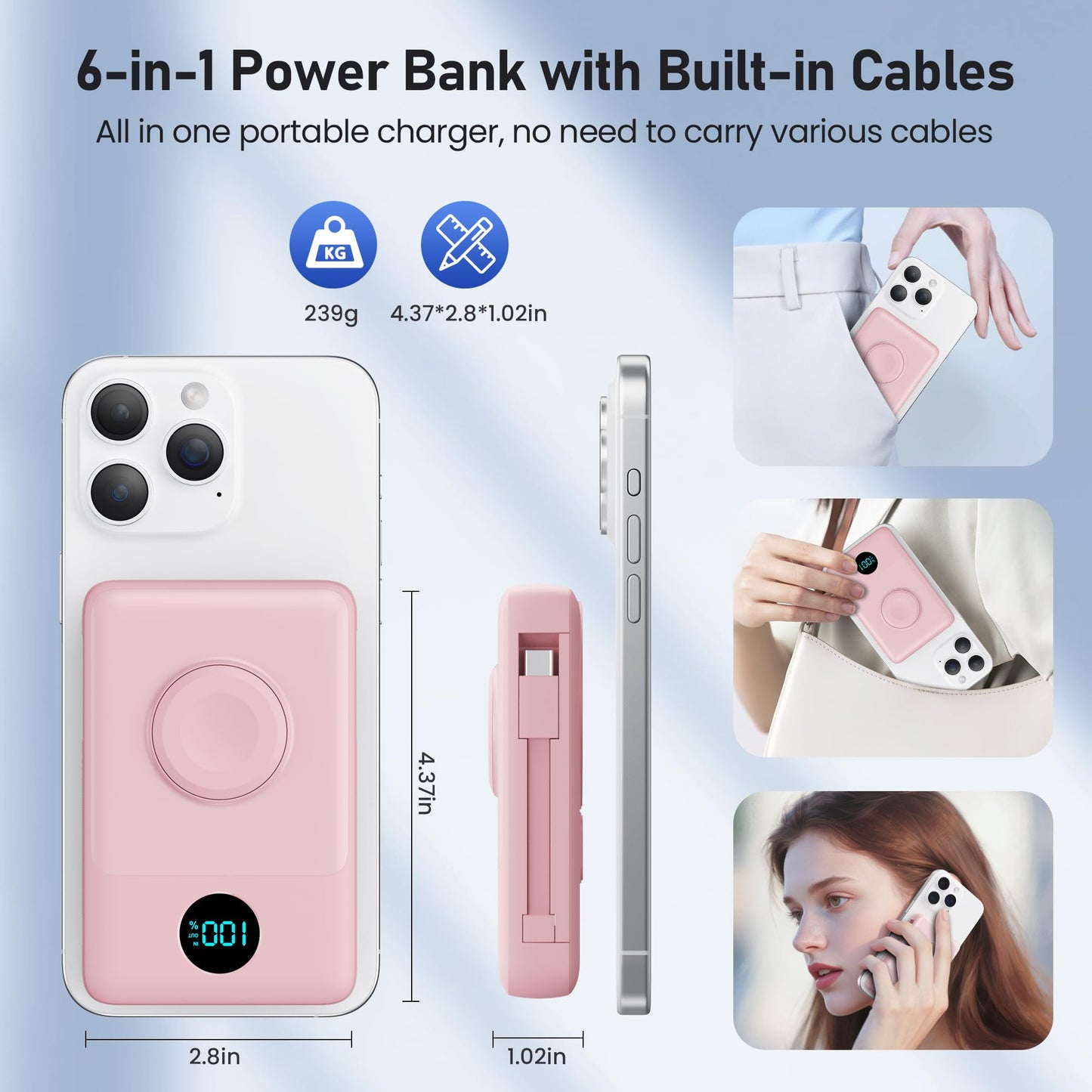 Magnetic Portable Charger for iPhone with Built-in Cables, 6-in-1 10800mAh Power Bank with iWatch Charger & LCD Display,25W PD Fast Charging Battery Pack for Magsafe,iPhone 16/15/14/13/12,Apple Watch