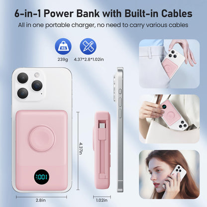 Magnetic Portable Charger for iPhone with Built-in Cables, 6-in-1 10800mAh Power Bank with iWatch Charger & LCD Display,25W PD Fast Charging Battery Pack for Magsafe,iPhone 16/15/14/13/12,Apple Watch
