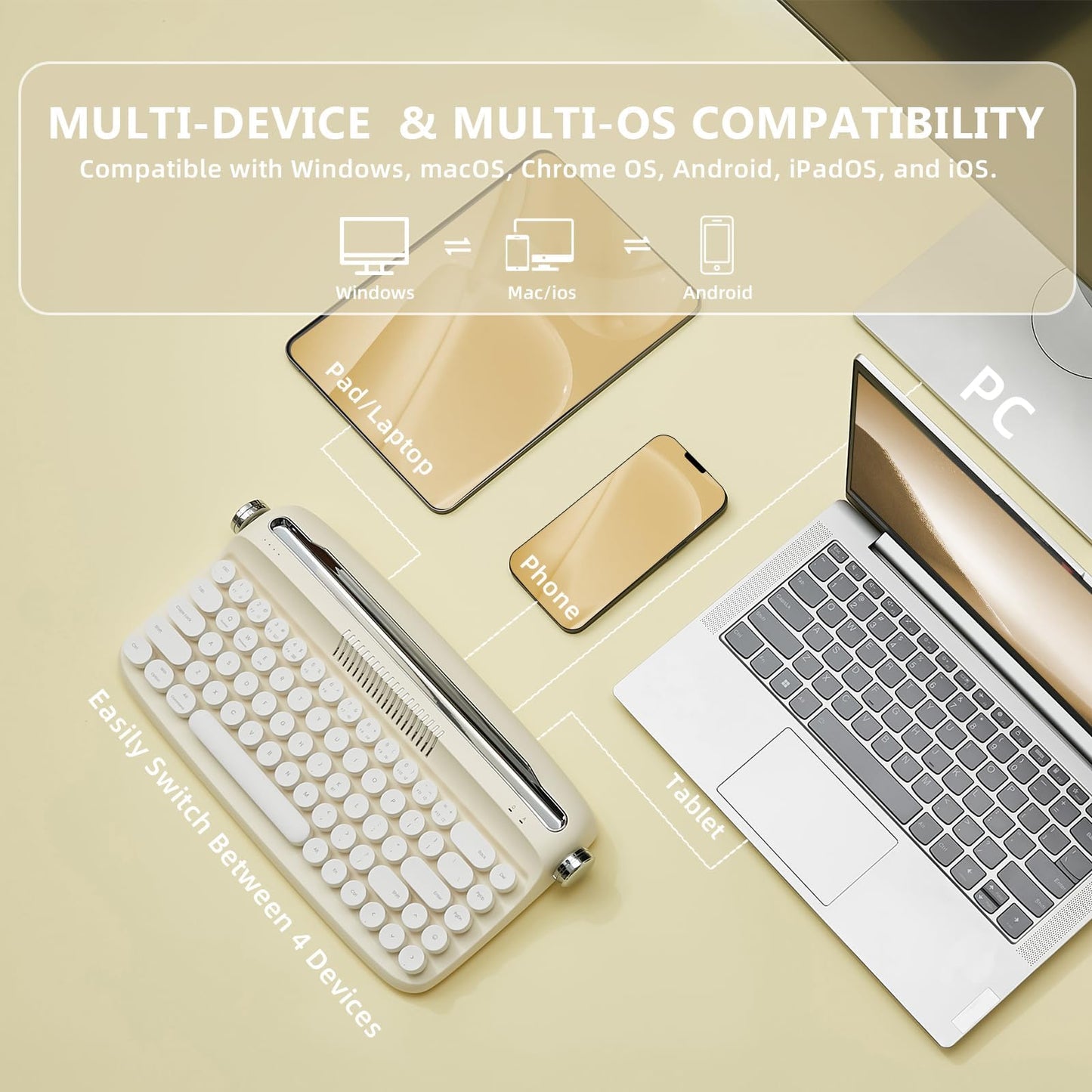 YUNZII Upgraded Wireless Typewriter Keyboard,with Retro Integrated Stand,USB-C/Bluetooth,Cute Round Keycaps, USB-C/Bluetooth Connection for Table, Phone, PC and Win/Mac/Android (B309, Baby Pink)