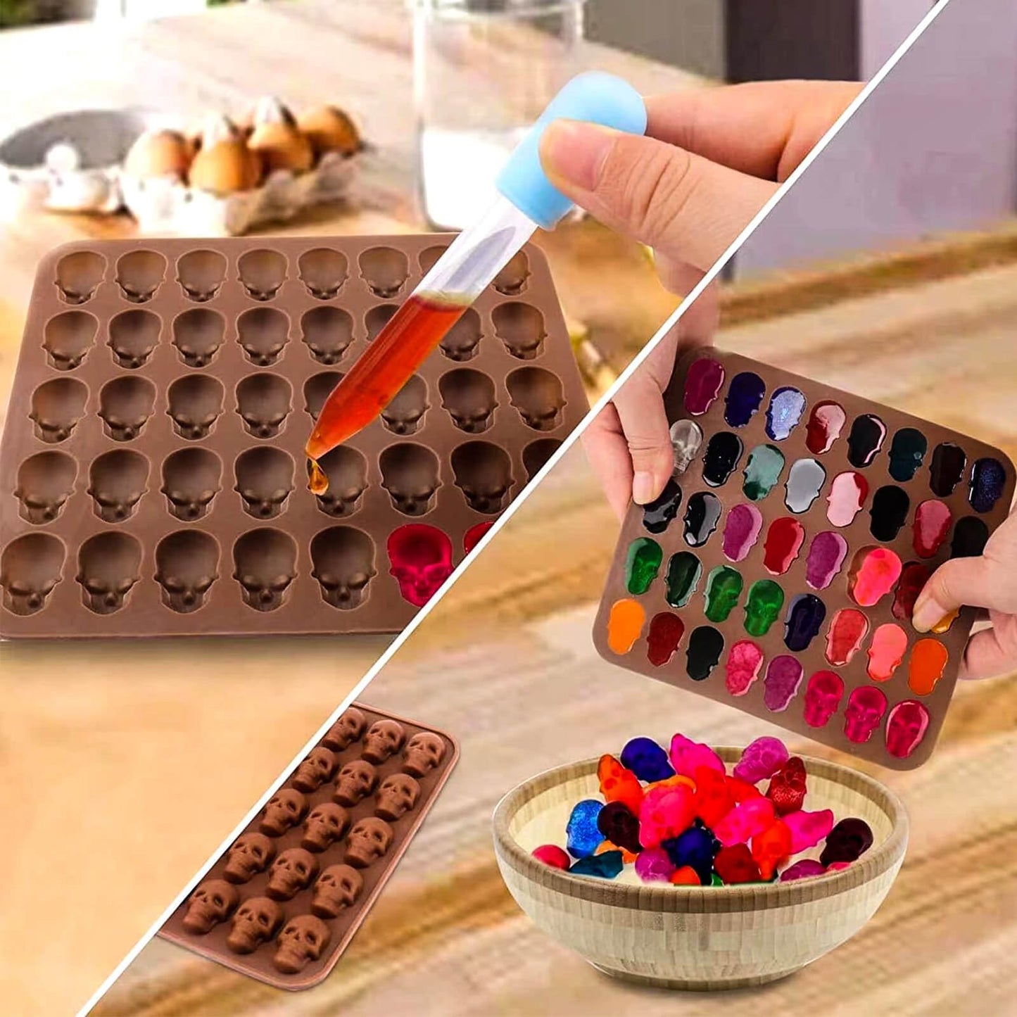 Gummy Skull Candy Molds Silicone, 4 Pack Mini Skull Gummie Chocolate Mold Halloween Spider Witch Hat Pumpkin Candy Gummy Mold with 4 Droppers for Chocolate, Candy, Jelly, Ice Cube, Dog Treat (Brown)