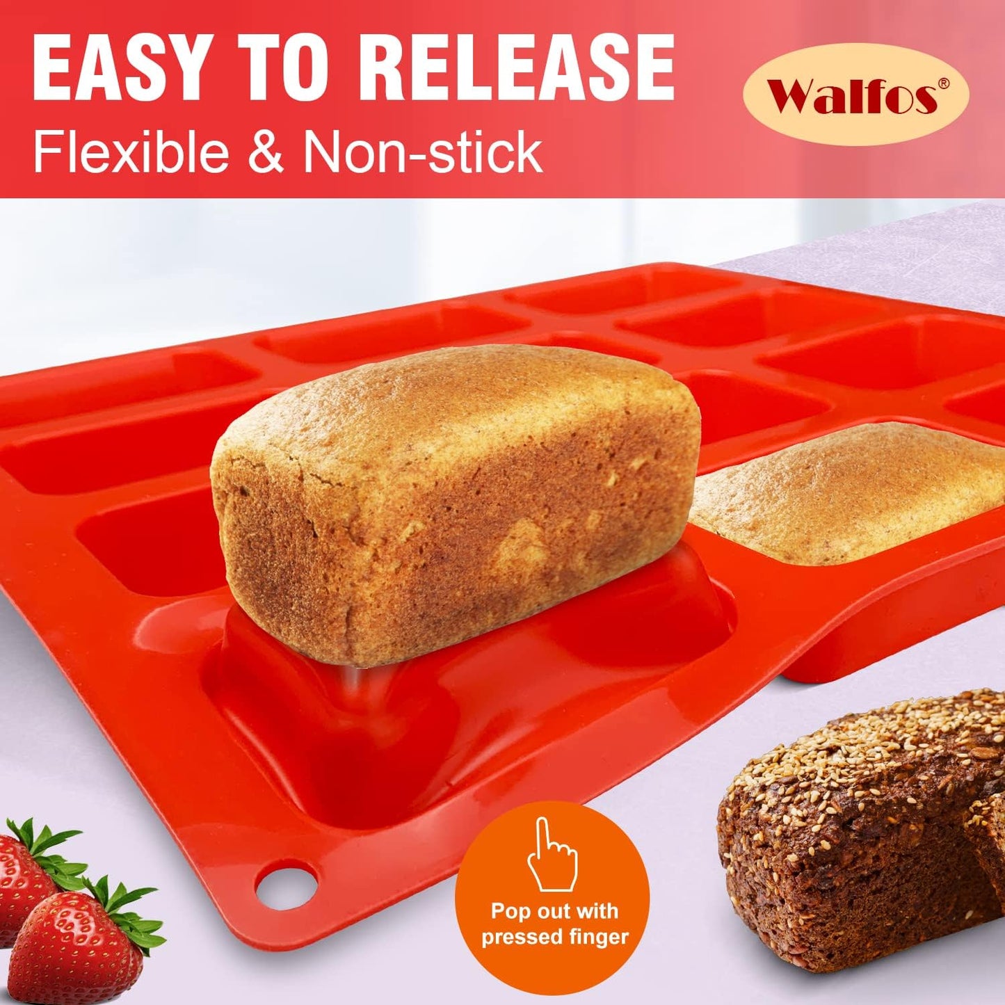 Walfos Silicone Mini Loaf pan, 12 Cavities Mini Bread Pan Brownie Pan, Food Grade & Non-Stick, Ideal for Mini Bread, Brownie, Cornbread, Cheesecake & Chocolate, Set of 2