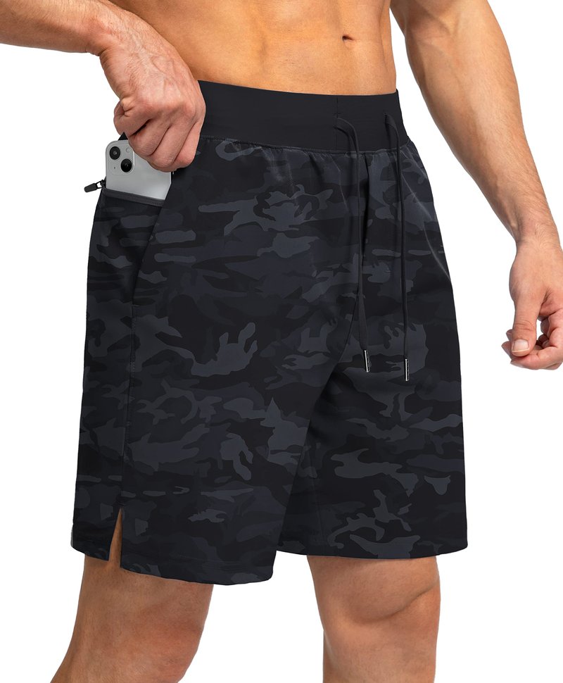 Soothfeel Men's Running Shorts with Zipper Pockets 7 Inch Lightweight Quick Dry Gym Athletic Workout Shorts for Men (Grey Camo, XS)