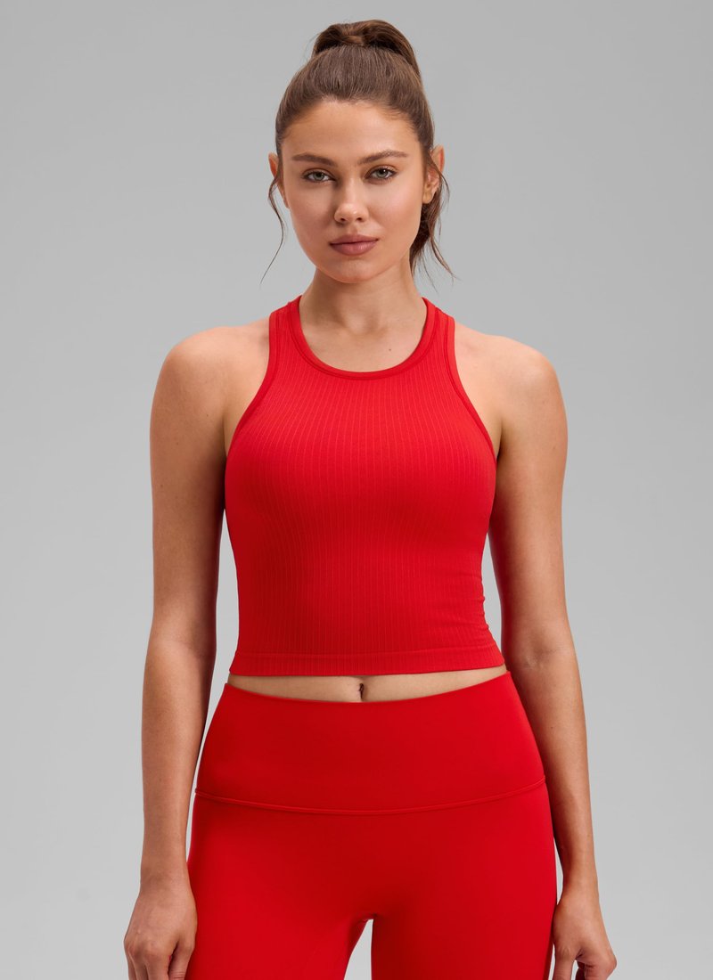 CRZ YOGA Seamless Ribbed High Neck Crop Tank Tops for Women - Longline Racerback Padded Sports Bras Deep Red Small