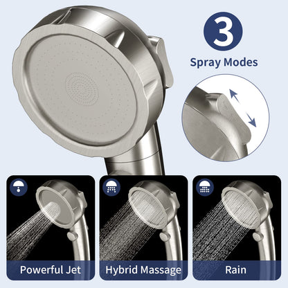 HANLIAN High Pressure Shower Head with Pause Button, 3 Spray Modes Shower Head for RV Camper, Water Saving On Off Shower, Handheld Shower Head with Hose and Self-adhesive Holder (Brushed Nickel)