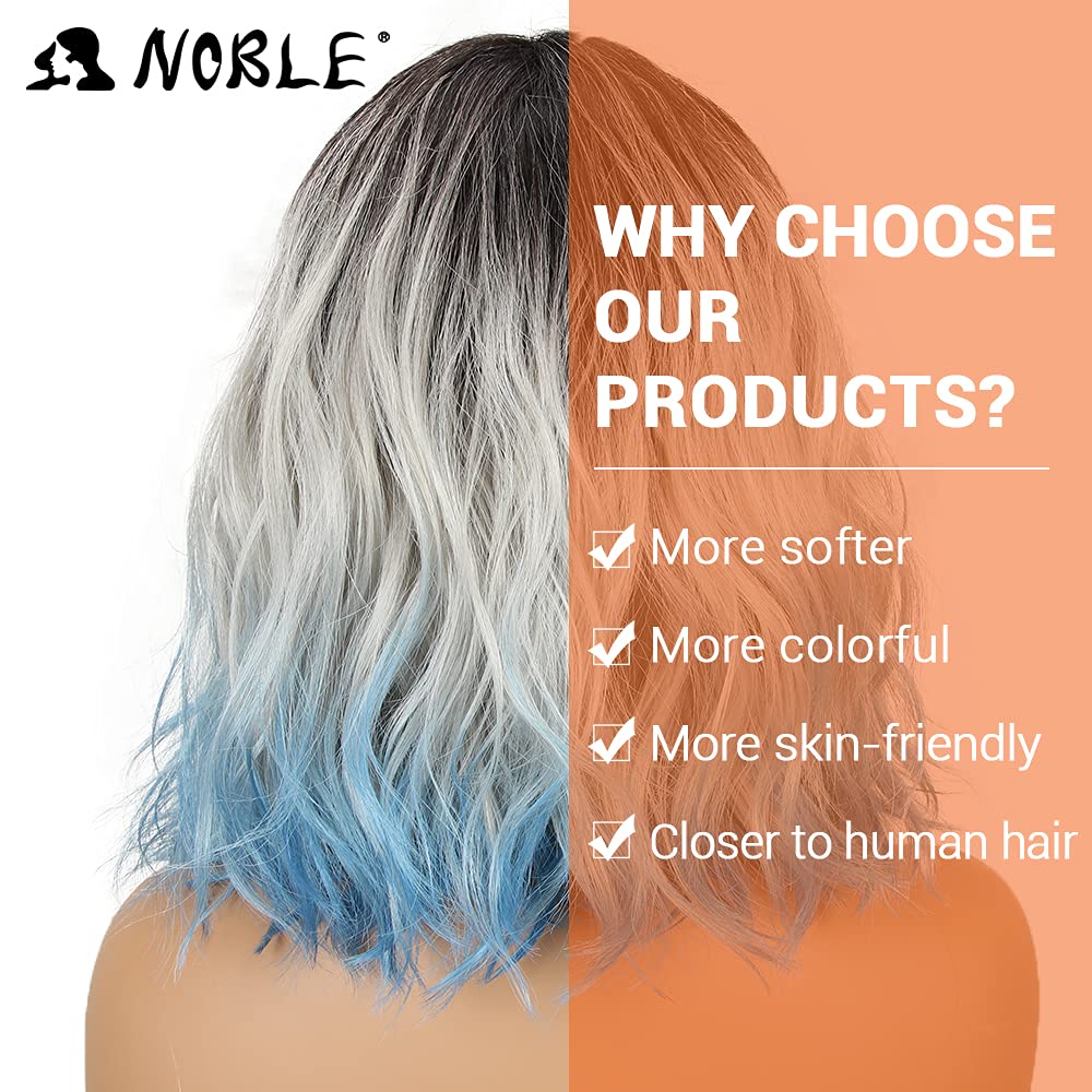 NOBLE Blue Short Bob Curly Wig With Bangs for White Women - Colorful Wavy Heat Resistant Synthetic Silver Blue Wig for Daily Party Cosplay Costume