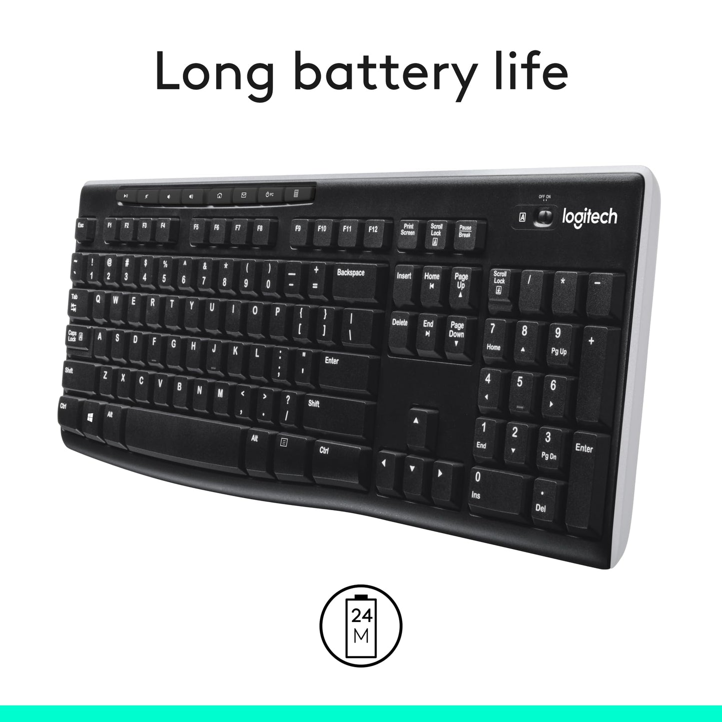 Logitech K270 Wireless Keyboard for Windows, 2.4 GHz Wireless, Full-Size, Number Pad, 8 Multimedia Keys, 2-Year Battery Life, Compatible with PC, Laptop, QWERTY UK English Layout - Black