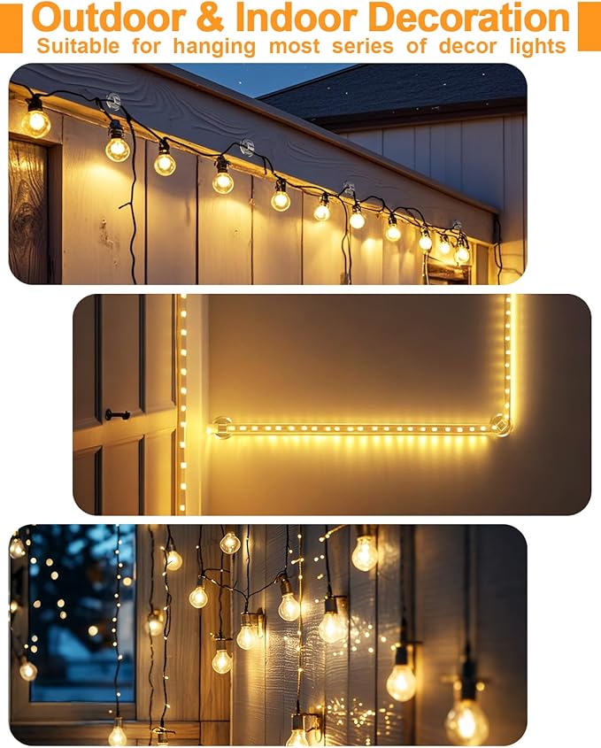 Light Clips for Outside String Lights: 24 Pack Adhesive Hooks for Outdoor String Lights - Outdoor Light Clips for Patio Balcony Fence - Rope Led Light Strip Christmas Decor Hooks