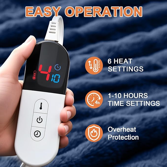 Heated Blanket Electric Throw Blanket 72''X 84''-Heating Blanket with 6 Heat Settings-10 Hours Auto Off,Cozy Faux Rabbit Fur Bubble Electric Blanket,Navy Blue