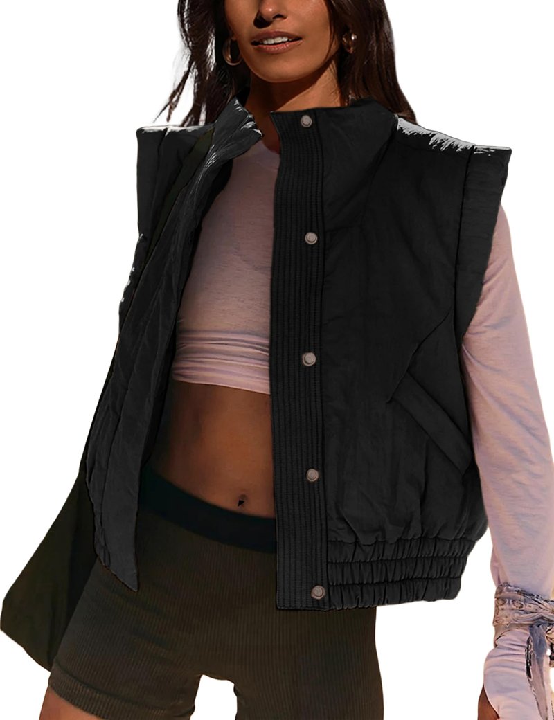 Lviefent Womens Puffer Vest Cropped Lightweight Button Down Quilted Vest Sleeveless Padded Gilet Coat with Pockets (Black-S)