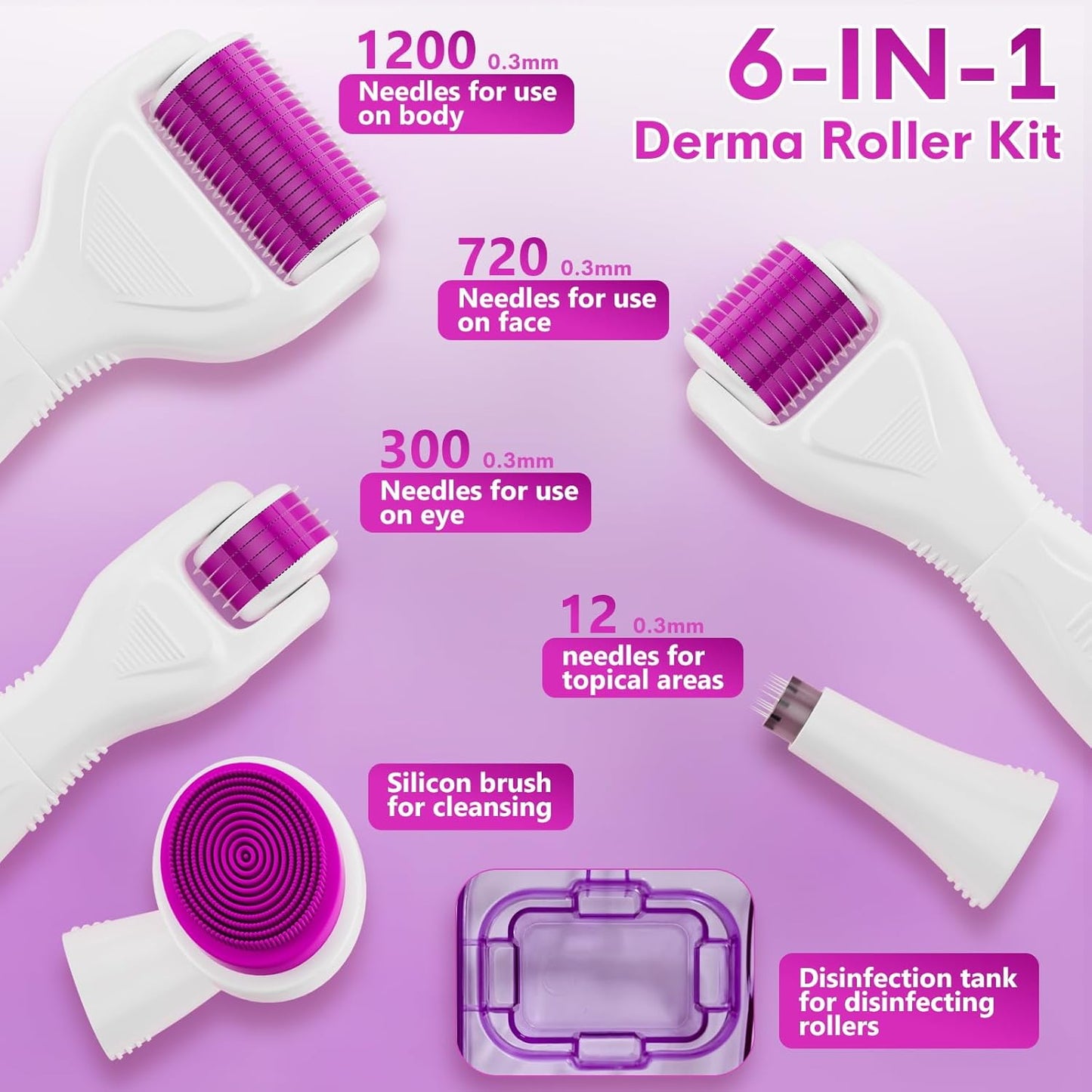 Derma Roller for Hair and Beard, 6 in 1 Microneedle Rollers Kit with 5 Replaceable Heads, Microneedling Roller for Scalp and Body, 300 Needle and 720 Micro Needle roller, 1200 Needle