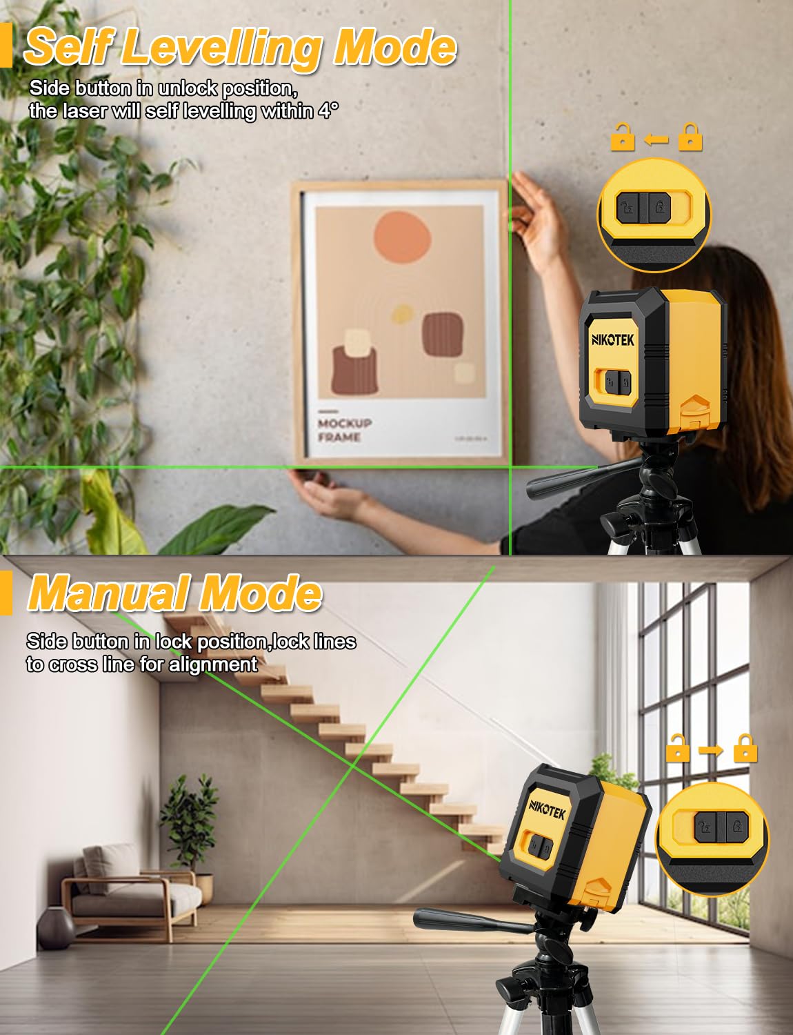 Nikotek Green Laser Level with Tripod, Self-Leveling Bright Green Beam Horizontal and Vertical Cross Line Laser for Home Decoration DIY etc.Carrying Pouch Battery&Tripod Included