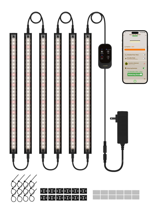 GLOWRIUM Smart Grow Lights for Indoor Plants with APP, Full Spectrum Grow Lights for Seed Starting, G6 Plant Light Strip with auto Timer, 3 Angle dimming Levels for Plant Shelf, 6-Pack (Black, 48W)