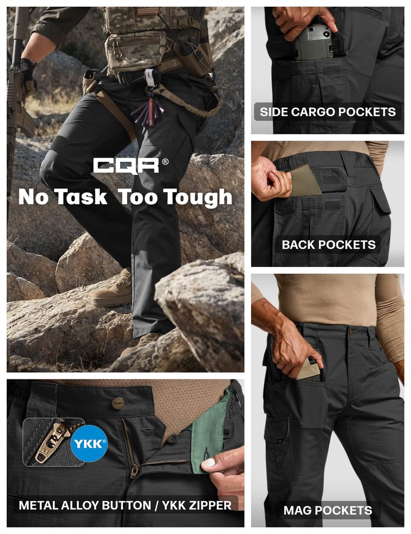 CQR Men's Tactical Pants, Water Resistant Ripstop Cargo Pants, Lightweight EDC Work Hiking Pants, Outdoor Apparel, Raider Black, 42W x 30L