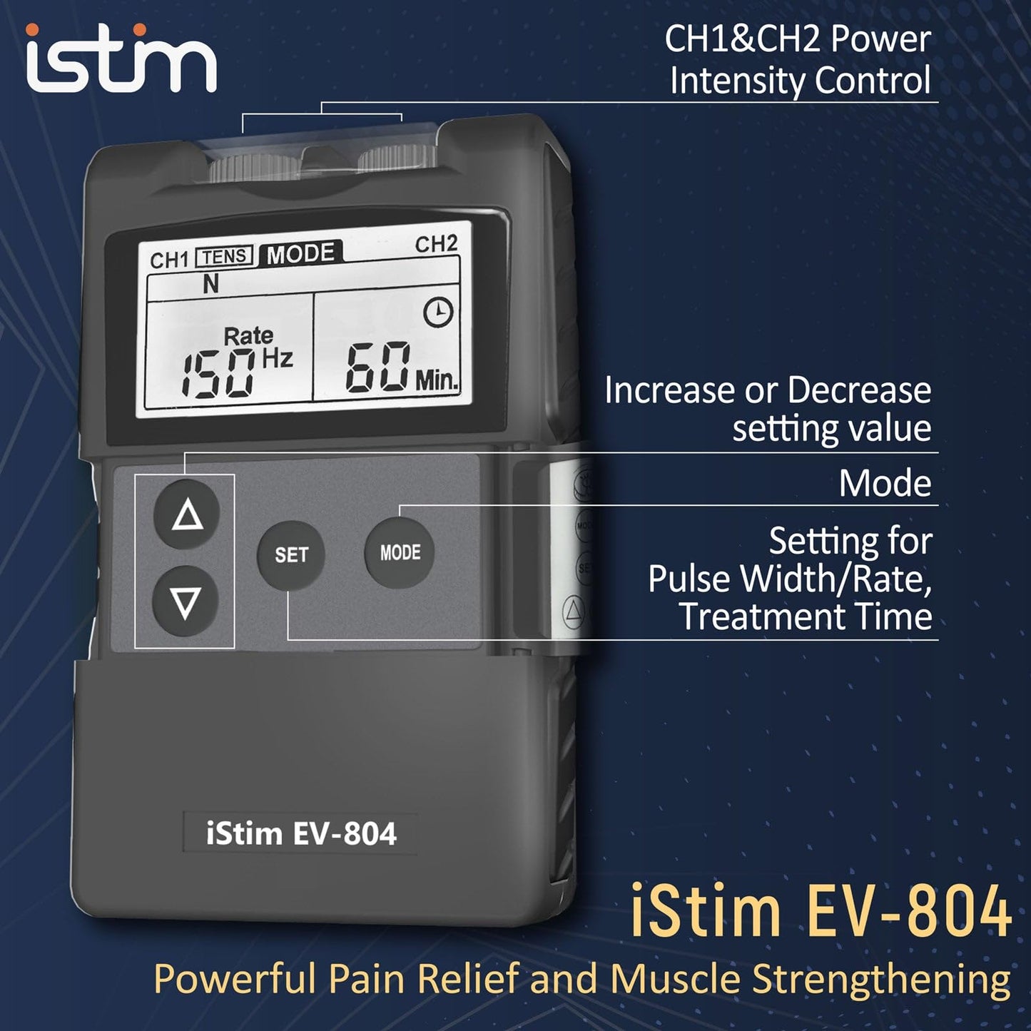 iSTIM EV-804 TENS/EMS 2 Channel Rechargeable Combo Machine Unit - Muscle Stimulator + Back Pain Relief and Management- 7 modes/24 Programs/Backlit (Including Electrodes Pads)