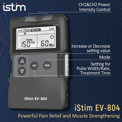 iSTIM EV-804 TENS/EMS 2 Channel Rechargeable Combo Machine Unit - Muscle Stimulator + Back Pain Relief and Management- 7 modes/24 Programs/Backlit (Including Electrodes Pads)